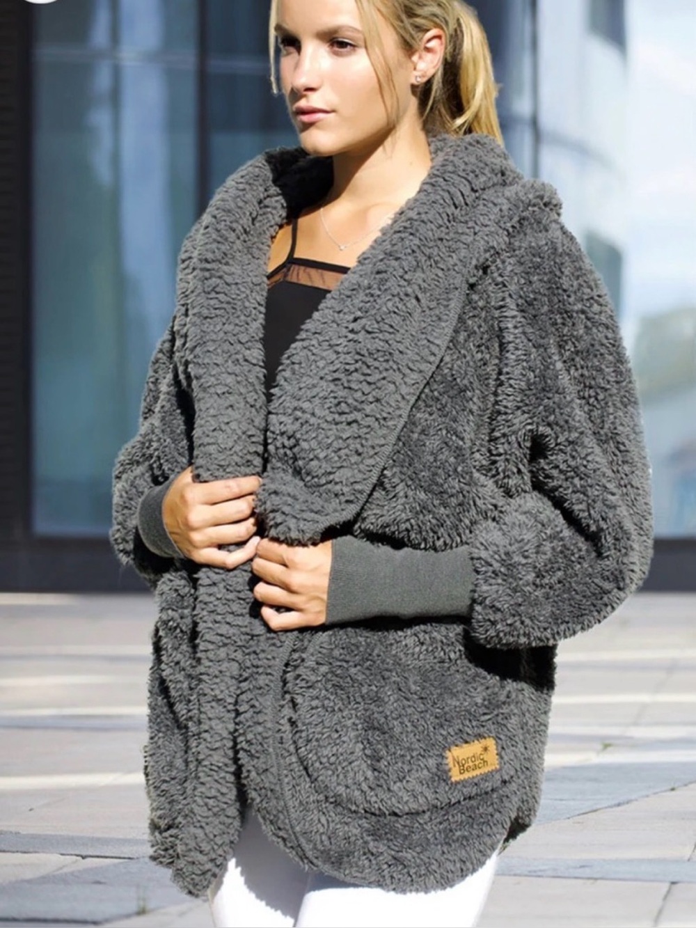 Nordic Beach Cozy Plush Shawl Collar Women's Wrap Jacket - Koala Gray - One Size